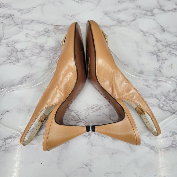Delman Vintage Tan Leather Peep Toe Slingbacks Kitten Heels Pumps Jeweled  7N - Picture 10 of 15